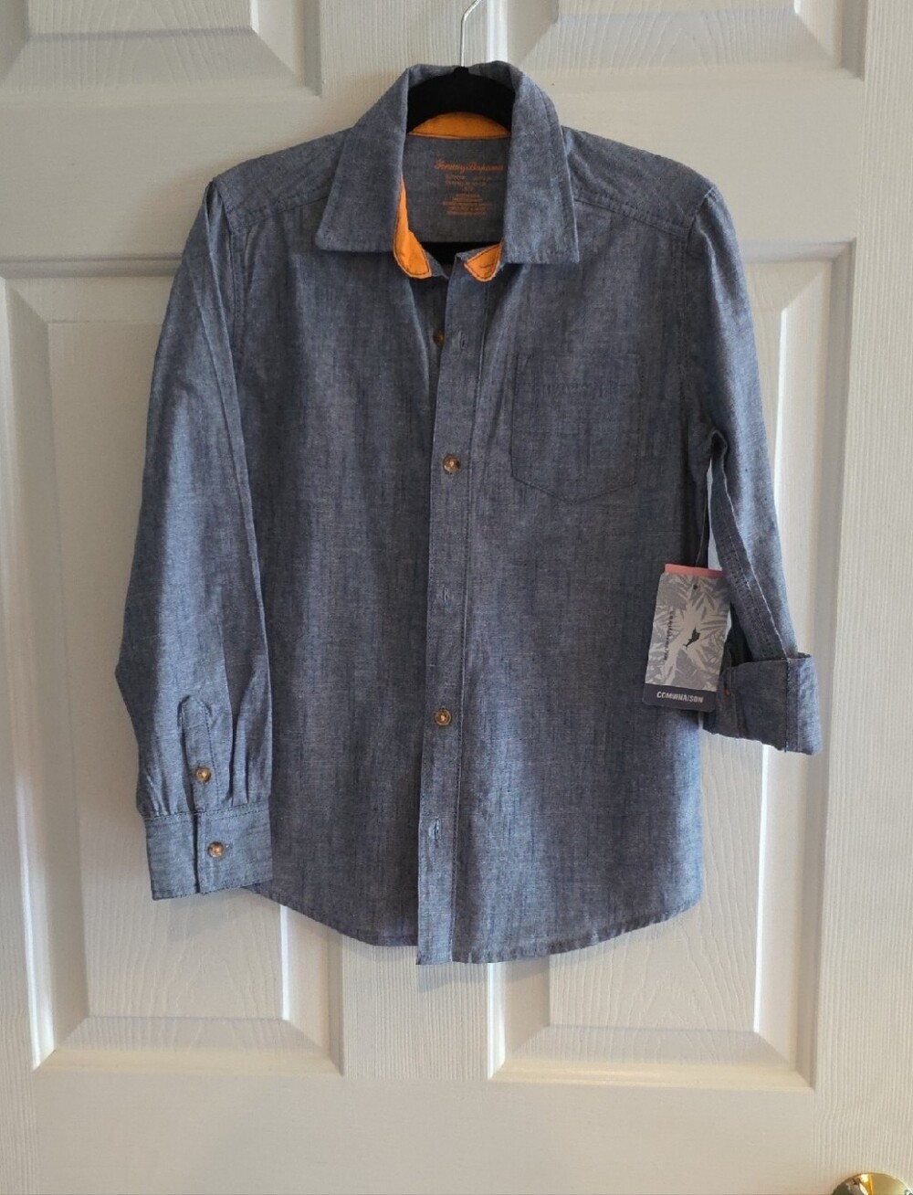 Tommy Bahama Gray-Blue Chambray Button-Down with Orange Collar Accent